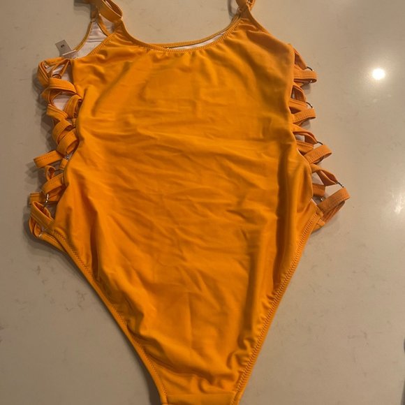 Mustard / Yellow Crisscross Lace Up Slimming One Piece Swimsuit - Picture 5 of 13